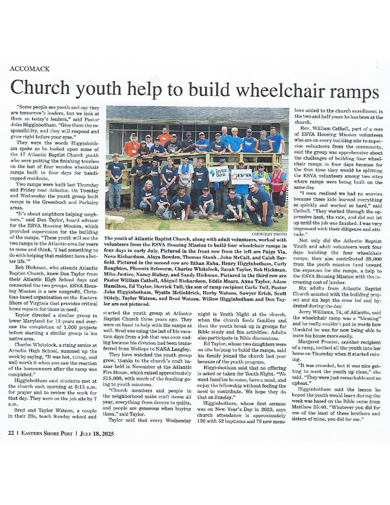 Church youth group builds wheelchair ramps to aid community members.